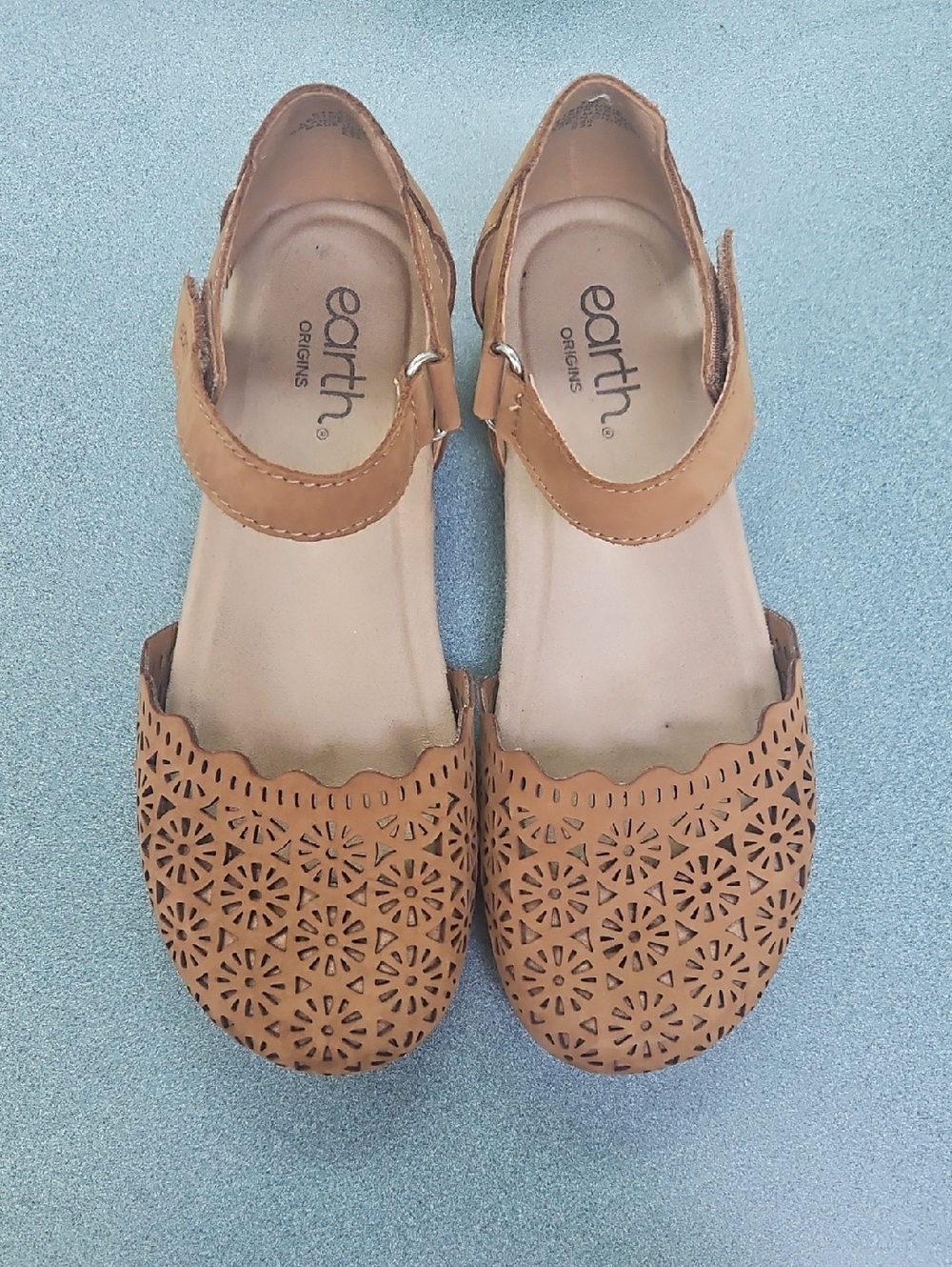 Earth Origins Women's Tan Laser-Cut Ankle Strap Flats